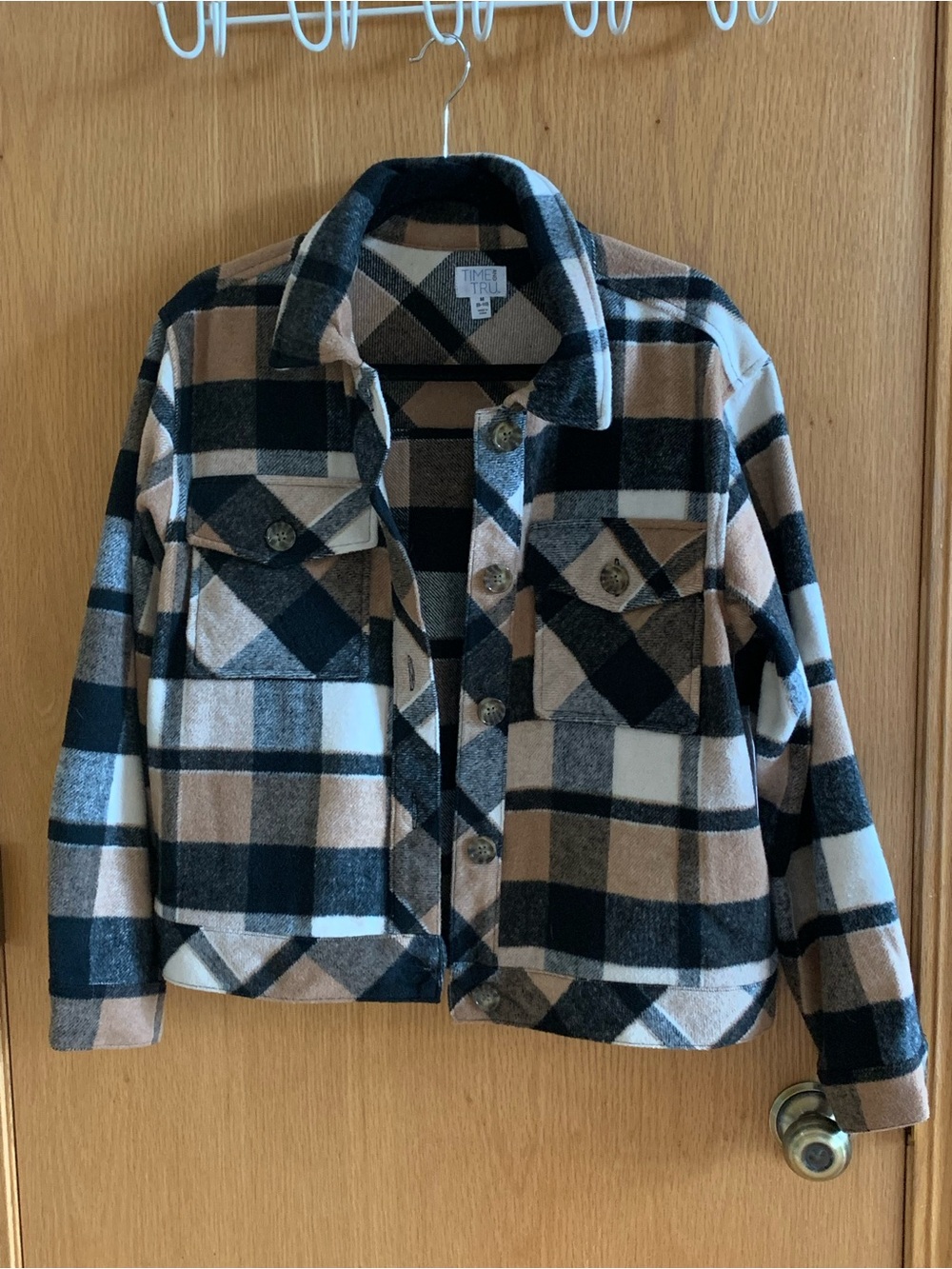 Time and Tru Womens Plaid Shacket Jacket - Black, Tan, White NWT